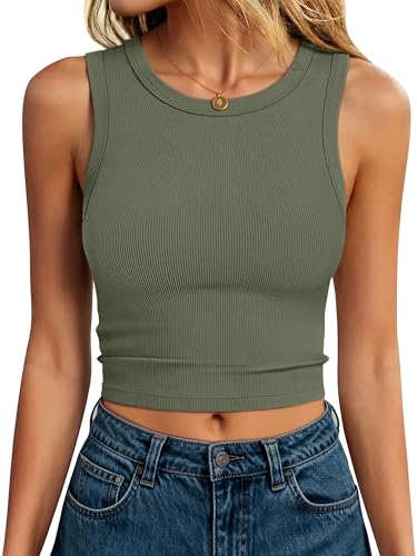 Image of ANRABESS Womens Crop Tank Tops High Neck Sleeveless Ribbed Knit Slim Fit Shirts 2026 Summer Casual Basic Workout Clothes