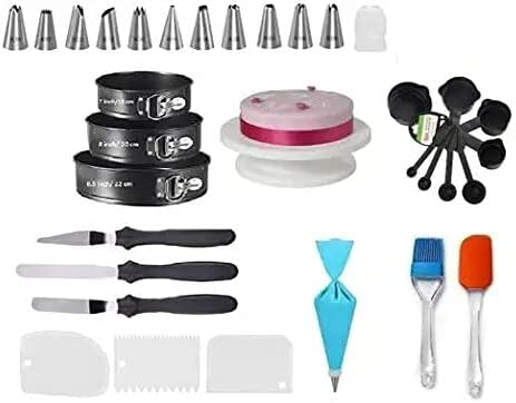 Kitch&Cook™ Nonstick Cake Baking Full Combo | Turntable | Springform Round Cake tins | Cake Decorating & Measuring Tools | Cake Set for Microwave Oven & OTG | Cake Mould Set