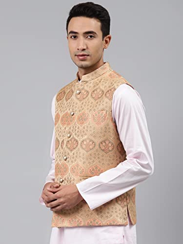 Image of MANQ Men Fawn Woven Jaquard Silk Nehru Jacket