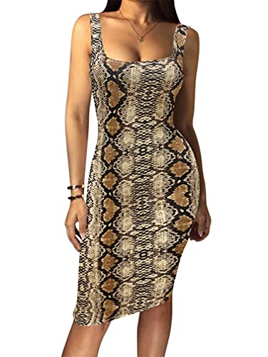 Lagshian Women's Sexy Bodycon Tank Dress Sleeveless Basic Midi Club Dresses Snakeprint #TOP1