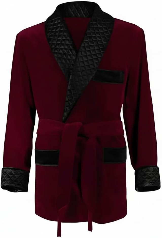 THE FAM STUDIO Men’s Velvet Smoking Jacket Robe with Quilted Shawl Collar, Classic Lounge Dinner Jacket with Belt – Luxury