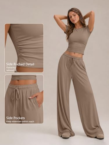 Image of Trendy Queen Women's 2 Piece Matching Summer Lounge Set with Pockets | Vacation Airport Travel Outfits, Workout Gym Clothing Comfy Athleisure Clothes, Side-ruched Top, Drawstring Wide Leg Pants