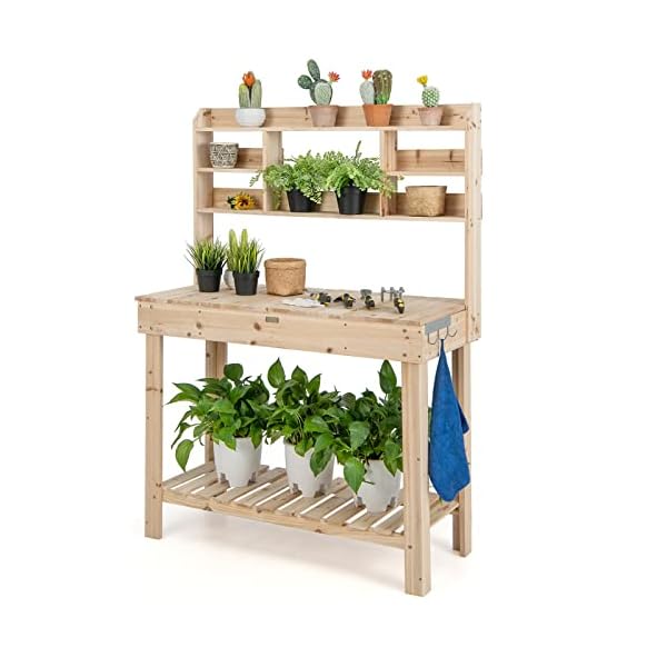 Giantex Garden Potting Bench Table, Large Workbench Table with Shelves, Openable Tabletop Hidden Storage Cabinet, 3 Hooks, Outdoor Wooden Workstation for Patio Garden Garage, 43.5"x19.5"x 60.5"