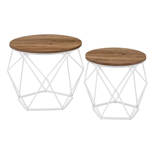 VASAGLE Tavolino da CaffèRotondo, Set di 2 Tavolini ad Incastro, Stile Moderno, Piano Rimovibile, Struttura in Acciaio, Adatto per Soggiorno, Marrone Miele e Bianco Nuvola LET040K41
