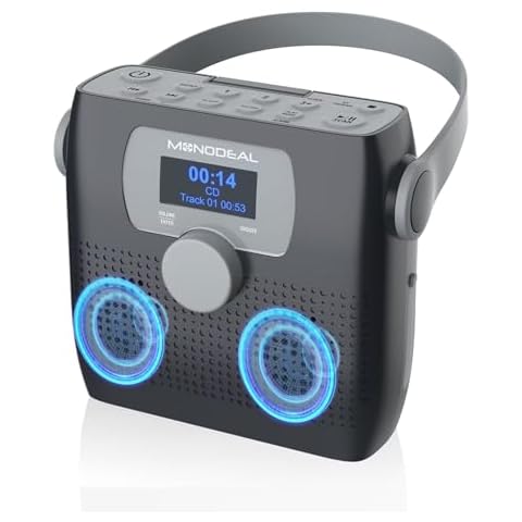 MONODEAL CD Player Portable,Bluetooth Boombox CD Player with Speakers,Portable FM Radio for Camping& Travel(Favourite Memory,LED,WATERPROOF,Clock,Alarm Timer,USB,Headphone Jack,BatteryPower Supply,6W) Cover