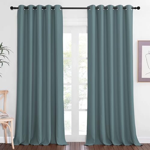 NICETOWN Patio Blackout Curtain Panels - Extra Wide Sliding Door Thermal Insulated Drape, Privacy Room Divider Curtain for Bedroom Office (Greyish Blue, 66 x 118 Inch Long)