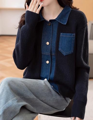 Womens Sweaters Patchwork Denim Sweater Cardigan Long Sleeve Chunky Knit Cardigans Fall Cardigan2