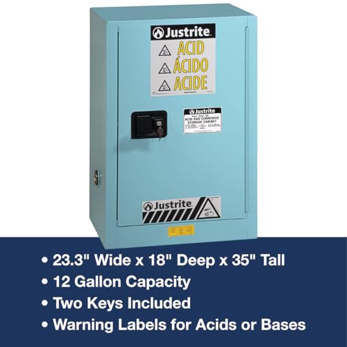 Image of Justrite Acid Corrosive Storage Cabinet - 12 Gallon 1 Door Self Close Chemical Storage Cabinet with Removable Polyethelene Trays - 18 inch x 35 inch x 23 inch - Made in The USA - Light Blue - 891222