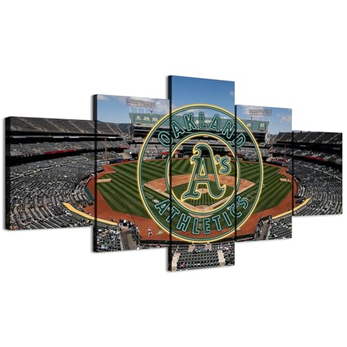 Oakland Baseball Stadium Panoramic Poster With Neon effect Athletics Sign (5-Panel Framed Canvas Printing Full Size: 60x100cm) Home Decor Man Cave Wall Art