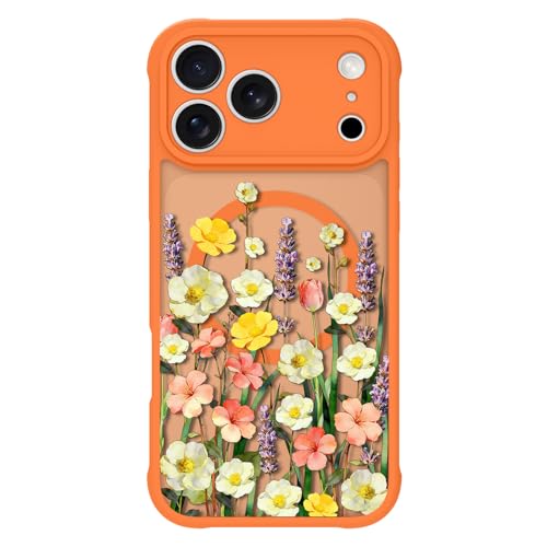 Jefonha Magnetic for iPhone 17 Pro Case Cute Shockproof, Orange Floral