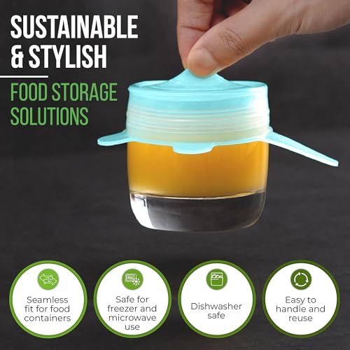 Image of Reusable Silicone Stretch Lids for Food Storage in Fridge - Elastic Heat-Resistant Bowl Covers, Cups, Cans, Jars - Universal Food Grade Lid for Containers - 7 Pack - Light Green Stretchy Lid Set