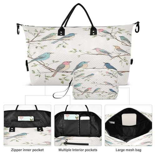Vintage Bird Travel Duffel Bag Large Capacity Weekender Bag with Toiletry Bag Detachable Shoulder Strap Travel Tote Bag for Women2