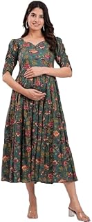 Women's Cotton Anarkali Maternity Feeding Kurti Floral Printed V-Neck Feeding Dress with Side Zipper Price In India