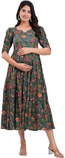 Women's Cotton Anarkali Maternity Feeding Kurti Floral Printed V-Neck Feeding Dress with Side Zipper
