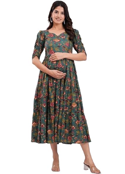 Women's Cotton Anarkali Maternity Feeding Kurti Floral Printed V-Neck Feeding Dress with Side Zipper