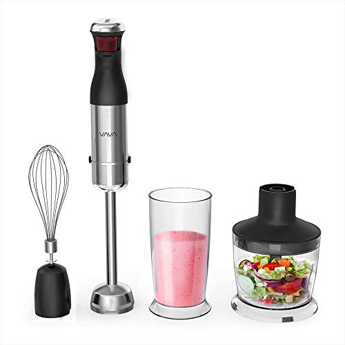 VAVA Hand Blender with TRUELY BPA-free Tritan Beeker & Chopper Bowl, 300W 5-Speed Immersion Blender 4-in-1 Set with Whisk for Shakes, Smoothies, Sauces, Baby food, Soup and more [FDA Approved]