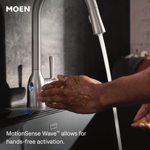 Image of Moen Adler Spot Resist Stainless Motionsense Wave Sensor Touchless One Handle Pulldown Kitchen Faucet Featuring Power Clean, 87233EWSRS