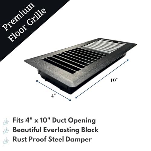 Image of 4 inch x 10 inch Black Floor Register 2 Way - Stamped Face Steel Vent Cover, HVAC Floor Grille for AC Heat, Fits 4x10 Duct Opening, Heavy Duty Metal Register