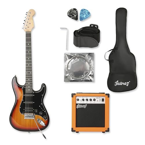 Juarez Basswood JRZ-ST01KIT-3TS Full-Size H-S-S Electric Guitar Kit for Beginners | Includes Amplifier, Cable, Strap, Picks & Gig Bag Sunburst