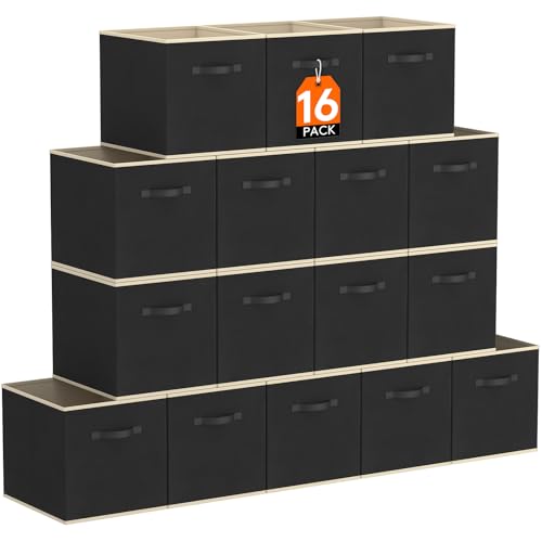 Lifewit 16 Stück Aufbewahrungsbox aus Stoff, Faltbar Aufbewahrungswürfel Kallax Boxen Aufbewahrung aus Vliesstoff mit Griff für Würfelregal Kallax Boxen Regal Einsatz, 26,5 X 26,5 X 28 Cm, Schwarz