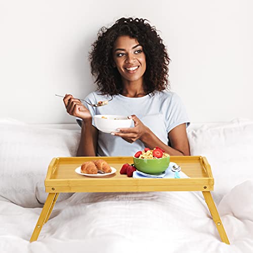 Mayyol Large Breakfast Bed Tray For Eating - Height Adjustable Raised Food Table - Bamboo Serving Tray On Lap Sofa - Portable Snack Platter With Folding Legs Ideal For Bedroom Picnic - Natural #TOP2