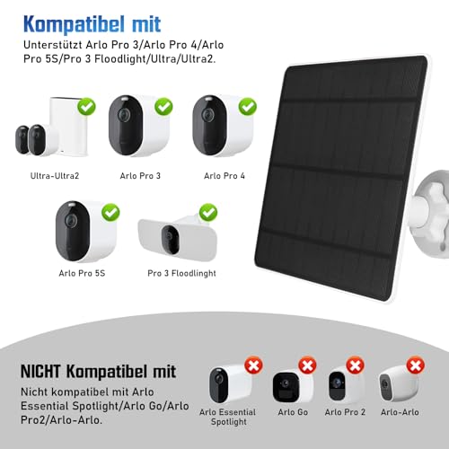 Solarpanel für Arlo Pro 3/Arlo Pro 4/Arlo Pro 5S/Pro 3 Floodlight/Ultra/Ultra2, 5W Solarpanel für Überwachungskamera Solarmodul IP65 Wasserdicht mit 3m Kabel, 360°Einstellbare Halterung (2 Pack)
