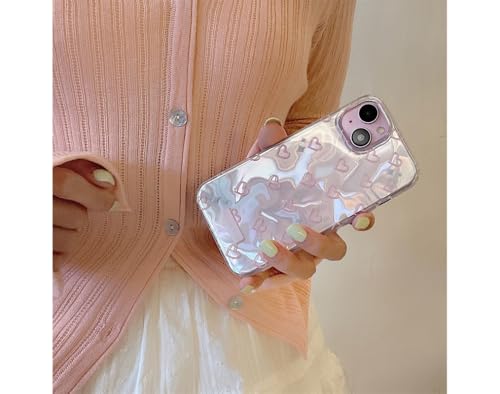 Image of COVERLY Luxury 3D Heart Aesthetic Designer Back Cover for iPhone 12 Pro - Slim Liquid Silicone Case with Handcrafted Real Pearl Jewel & Iridescent Holographic Waves (Blush Silver & Pearlescent Silver)