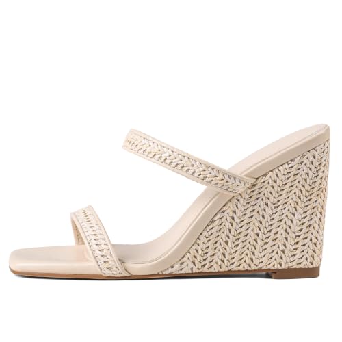 EQAUDES Espadrilles Sandals for Women Wedges - Square Toe, Summer Shoes, Beige, Straw, High Heels, Comfortable, Beach Dressy
