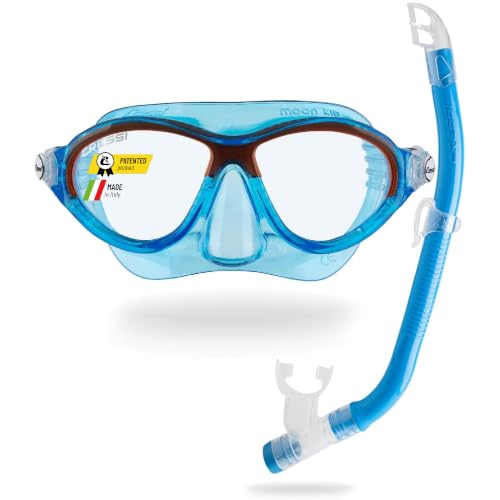 Cressi Moon Kid + Top Schnorchelset - Einheitsgröße, Blau/Orange - Bruchsichere Hartglas-Tauchmaske - Spritzschutz-Schnorchel mit Ablassventil - Vielseitiges Schnorchel Set für Kinder von 7-15 Jahren