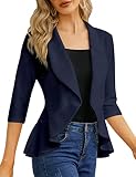 KOJOOIN Womens Casual Blazer 3/4 Sleeve Open Front Ruffle Work Office Cardigan Suit Jacket Navy XL