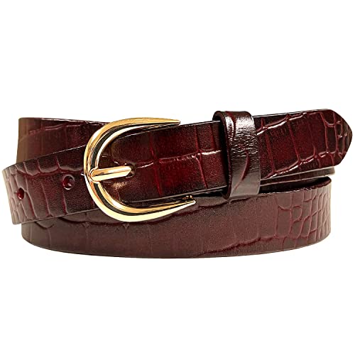 Women's Casual Dress Belts 100% One Piece Engraved Full Grain Genuine Leather Belt 1"(25mm) wide (Alligator Burgundy, 34)