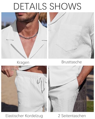YAOHUOLE Herren 2 Stück Baumwolle Leinen Set Leinen Hemd Und Hose Herren Kurz Weiß 3XL