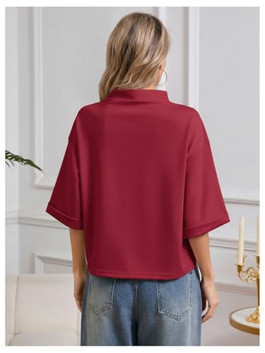 SweatyRocks Women's 3/4 Sleeve Mock Neck Basic Loose T-Shirt Elegant Top Burgundy Medium.
