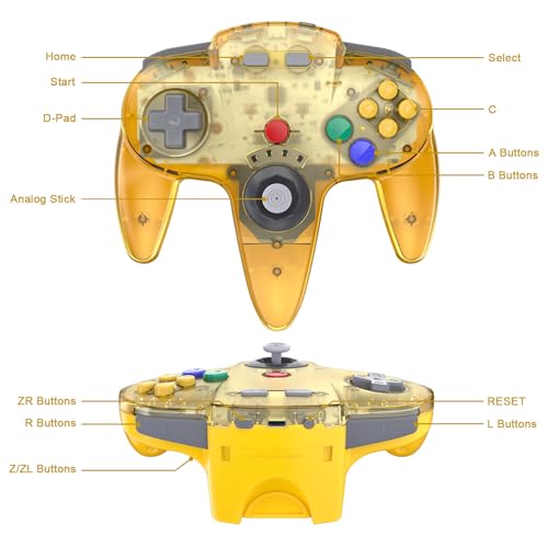 Image of KIWITATA N64 USB Wireless Controller for Switch Console, 2.4ghz Rechargeable Wireless N64 Remote Joystick Game Controller for Switch /Switch 2 /Switch Lite, MAC, PC Windows 7,8,10,11 Clear Yellow