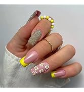 24Pcs French Tip Press on Nails Square with Colorful Flower Design Medium Small Floral Fake Nails...