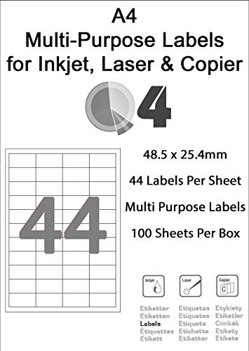 Etiquetas A4 FBA 44 por hoja; Paquete adecuado para etiquetas de código de barras autoadhesivas de productos de Logística de Amazon. Para inyección de tinta o láser. (44 por hoja / 100 hojas)