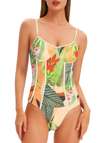 Women's One Piece Swimsuit with Beach Cover Up Retro Floral Print Bathing Suits with Coverup Set Sarong Wrap Swim Suit 1 Piece Swimwear Set with Matching Skirt Beige Floral Large2