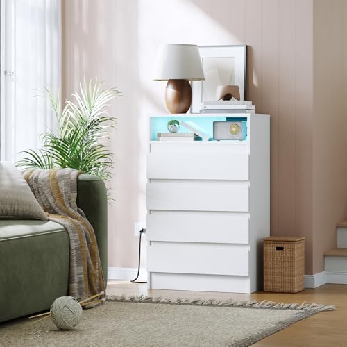 Garvee 4 Drawer Double Dresser with Power Outlet, Accent Chests of Drawers with LED Light, Modern White Storage Dresser with Charging Station, 4 Drawe