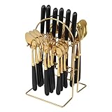 24 Piece Stainless Steel Luxury Cutlery Set - 6 Knives/Forks/Spoons/Teaspoons,Elegant Modern Dining Collection,for A Variety of Places Such as Family,Restaurants and so on (Black/Gold)