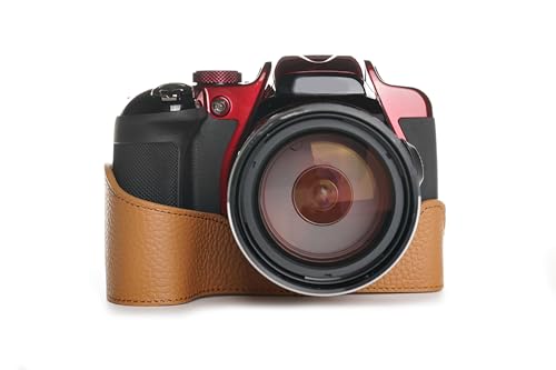 Housse photo Nikon P600 demi-étui cuir véritable sac de protection marron clair zoom 60X