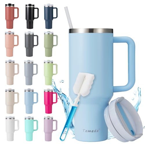 Temede Gobelet isotherme avec paille et anse de 1,2 l, grand gobelet avec couvercle et paille, gobelet à café à emporter, en acier inoxydable, portable, pour boissons chaudes et froides