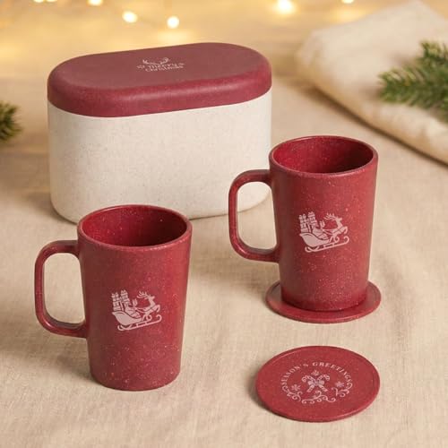 Image of Eha Earth-Friendly Christmas Gifts for Friends and Family | Secret Santa Gifts | Made with Rice Husk | Printed Christmas Mug and Coasters Set of 2, Keychain & a Loopac Box | 350 ml | Coral