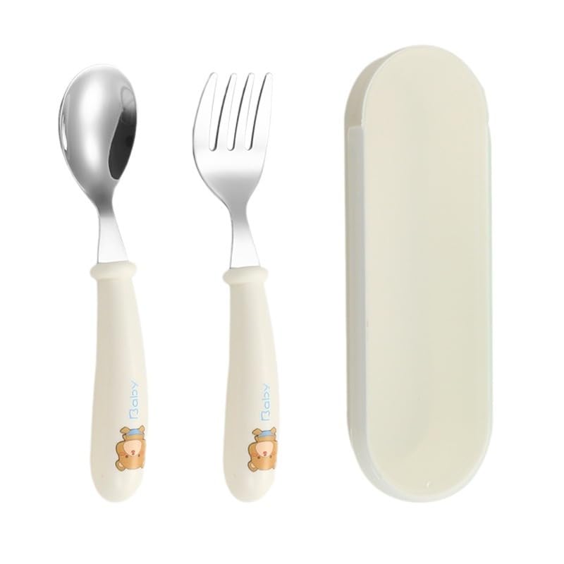 Image of 2-Piece Portable Cutlery Set for Lunch Box - Metal Spoon & Fork with Plastic Handle and Travel Storage Box | Reusable Tableware for Office, School, Home & Kids (White)