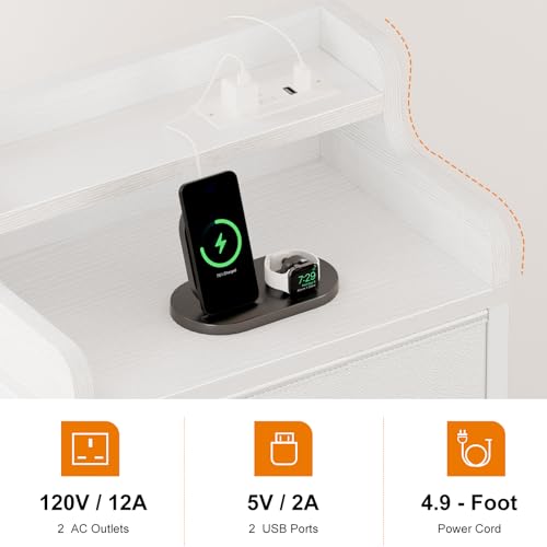 REAHOME Nightstand with Charging Station, Tall White Night Stand with 3 Drawers and 2-Tier Shelf, Bedside Table with Sturdy Steel Frame Wood Top for Bedroom, Living Room, Hallway-White - Thumbnail 6