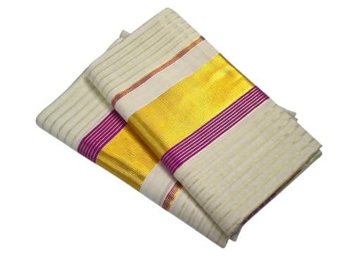 Image of Womens Kuthampully Set Mundu With Golden & Stripes Kara