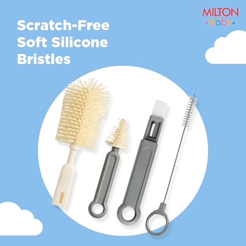 Image of Milton Baby 5-in-1 Travel Bottle Cleaner Kit I Bottle, Nipple & Straw Cleaner I BPA Free - Food Grade Silicone Brush,Compact Soap Dispenser,Drying Rack,Home And Travel Essential, Elephant Print, Cream