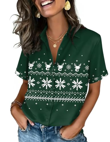 Image of Christmas Outfits for Women Button Down Shirts Short Sleeve Tops Cute Shirt