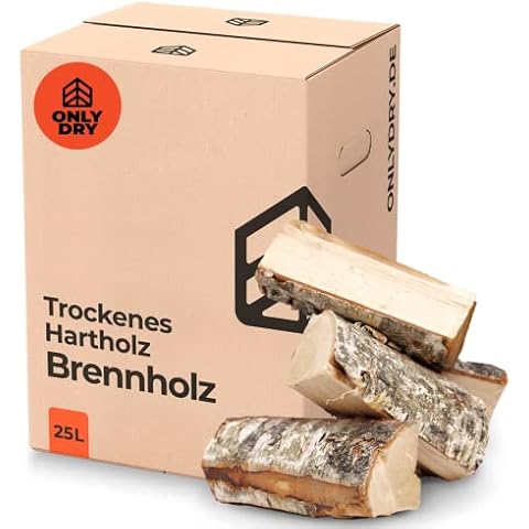 Onlydry Brennholz mit weniger als 18% Feuchtigkeit in 25L (10kg) Karton - Perfekt für Ofen, Feuerschale, Kamin, Kaminofen - Sauberes und trockenes Kaminholz/Feuerholz mit Anzündset (25L) Cover