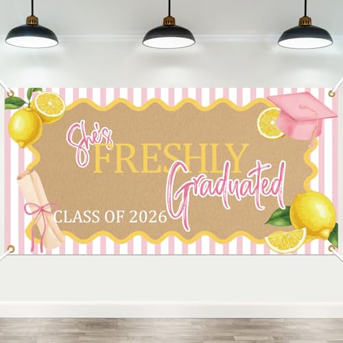 2026 Lemon Theme Graduation Sign Shes Freshly Graduated Banner Backdrop Pink Bow Garland for Class of 2026 Farewell and Going Away Party Decorations Graduation Wall Hanging Party Supplies