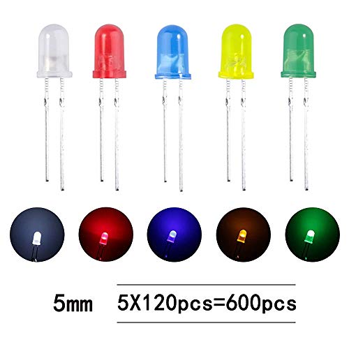 YIXISI 600 Sztuk 5mm Zestaw Diod LED, 2-pinowe Diody Elektroluminescencyjne, Lampa LED z Okrągłą Głowicą, Diody LED, Zestaw Rezystorów z Różnymi Kolorami Diod (5 Kolorów)